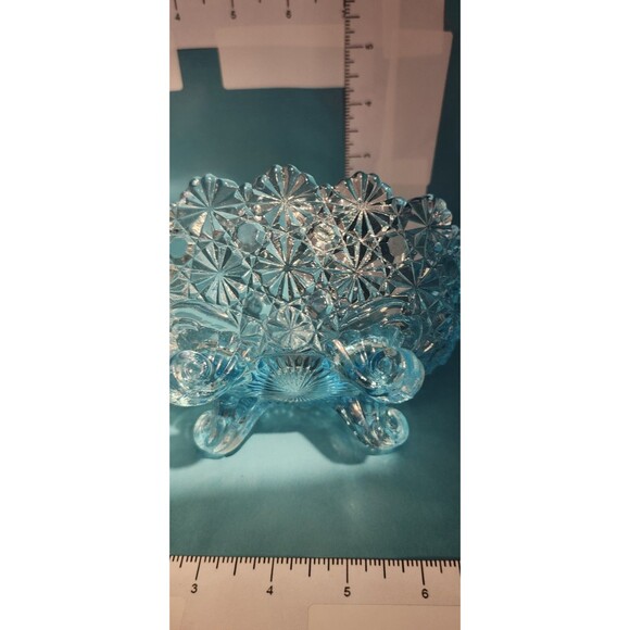Vintage Blue Daisy & Button Pressed Glass Footed Bowl 3-Leg 6.5" Retro - Picture 4 of 11